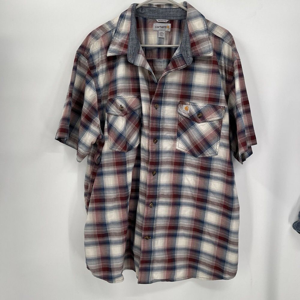 Carhartt 2XL Short Sleeve Button Down Men Red White Blue Plaid Relaxed Fit Shirt